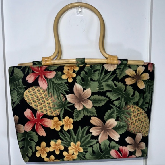 Hula Bay Handbags - Vintage Hawaiian Black and Green Tropical Floral Tote with Handles